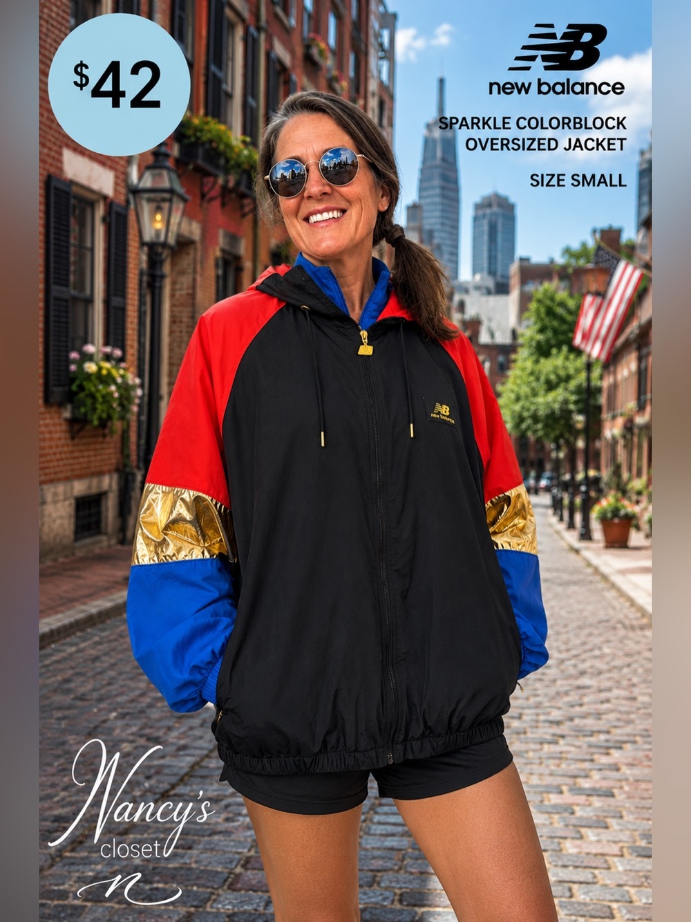 New Balance Colorblock Sparkle Oversized Jacket - Black/Red/Blue/Gold